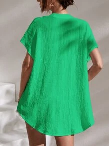 SHEIN Essnce 缺口領蝙蝠袖襯衫 - 綠色 - 查看 2