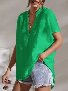 SHEIN Essnce 缺口領蝙蝠袖襯衫 - 綠色 - 查看 4