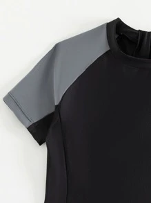 青少年男童拼色拉鍊後背連身泳衣,短raglan袖 - 黑色 - 查看 4