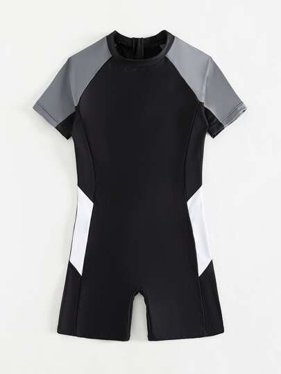 青少年男童拼色拉鍊後背連身泳衣,短raglan袖