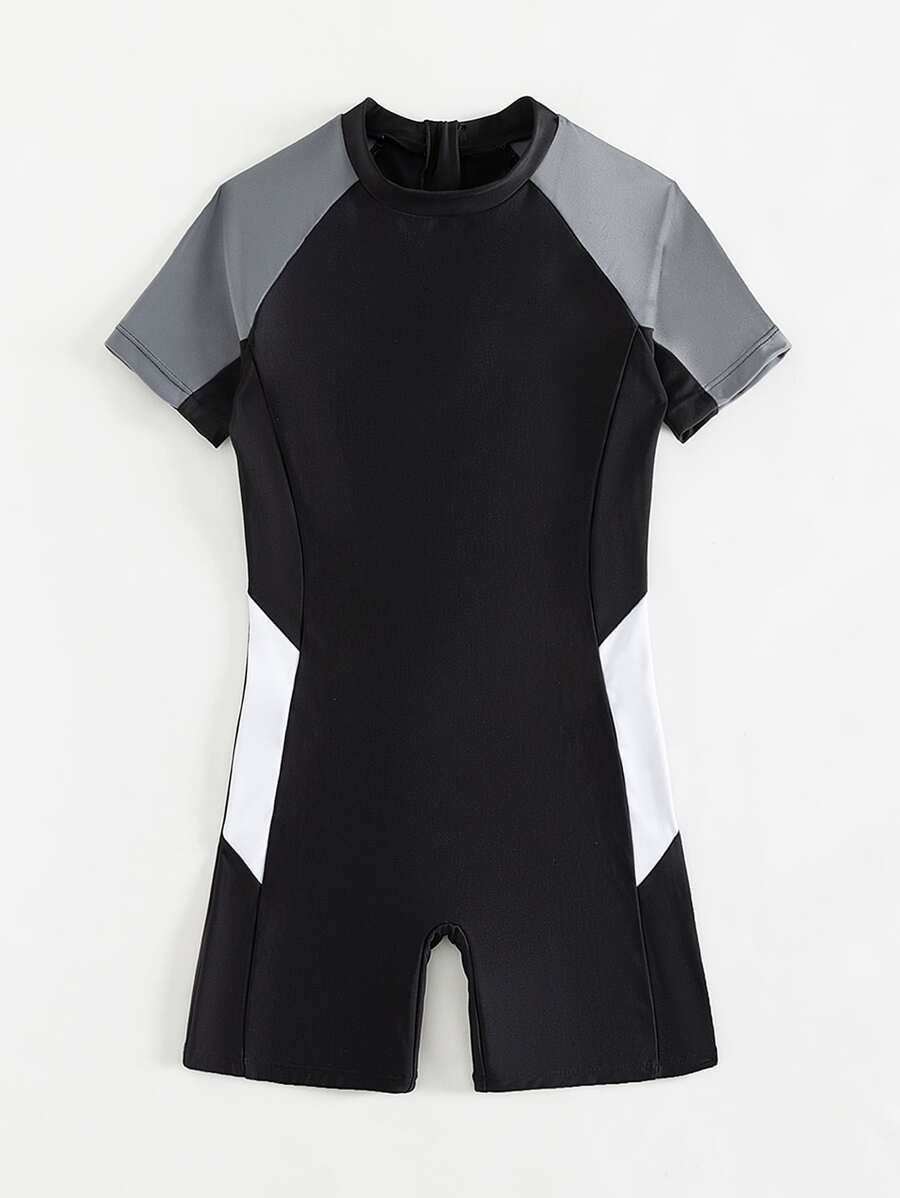 青少年男童拼色拉鍊後背連身泳衣,短raglan袖 - 黑色 - 查看 1