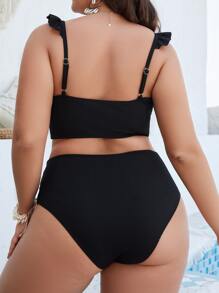 SHEIN Swim Curve Plus Size Ruffle Trim Tie Front Bikini Set Summer Beach - Black - View 2
