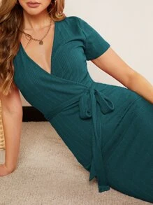 SHEIN Clasi 交疊領腰帶緊身洋裝 - 水鴨藍 - 查看 3