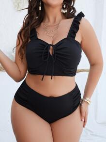 SHEIN Swim Curve Plus Size Ruffle Trim Tie Front Bikini Set Summer Beach - Black - View 4
