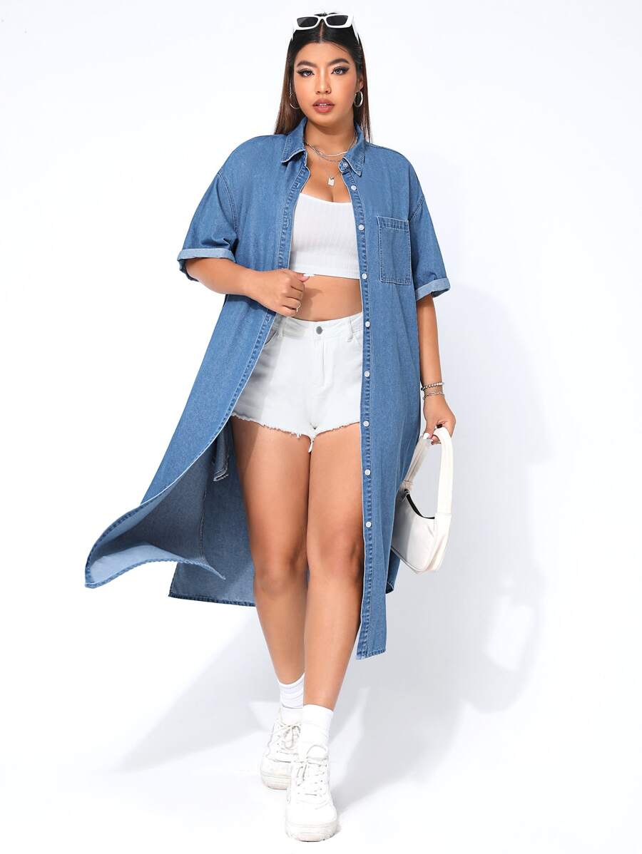 SHEIN EZwear Plus Drop Shoulder Denim Shirt Dress - Medium Wash - View 1