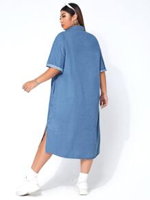 SHEIN EZwear Plus Drop Shoulder Denim Shirt Dress - Medium Wash - View 2