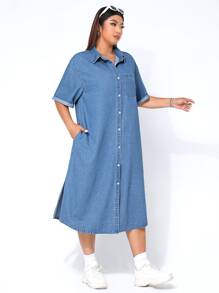 SHEIN EZwear Plus Drop Shoulder Denim Shirt Dress - Medium Wash - View 4