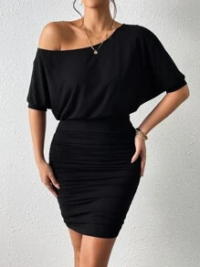 Firerie Vestido ajustado unicolor de cuello asimétrico fruncido - Negro - Ver 4