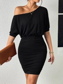 Firerie Vestido ajustado unicolor de cuello asimétrico fruncido - Negro - Ver 3