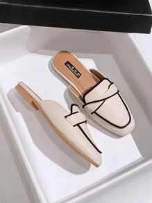 秋冬女士方头穆勒拖鞋，平底，露跟，一脚蹬， - 米色 - 查看 2