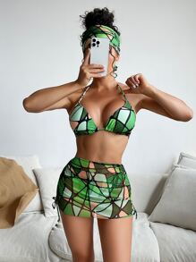 幾何印花頸掛三角形夏日沙灘比基尼套裝，配有海灘裙和頭巾 - 綠色 - 查看 1