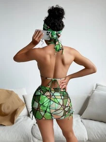 幾何印花頸掛三角形夏日沙灘比基尼套裝，配有海灘裙和頭巾 - 綠色 - 查看 2