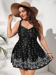 SHEIN Swim Curve Plus Size Floral Print Tankini Summer Beach - Black and White - View 1