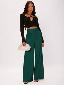 SHEIN Tall Solid Wide Leg Trousers - Dark Green - View 4