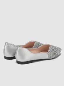 Women Rhinestone Decor Ballets, Glamorous Point Toe Flats Silver - Silver - View 2