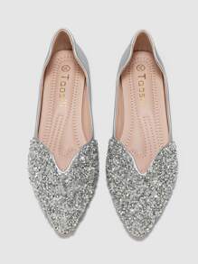Women Rhinestone Decor Ballets, Glamorous Point Toe Flats Silver - Silver - View 3
