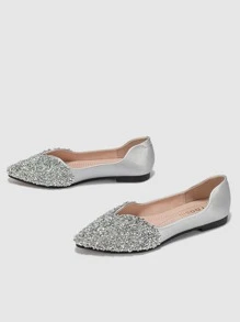 Women Rhinestone Decor Ballets, Glamorous Point Toe Flats Silver - Silver - View 4