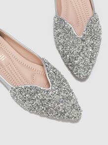 Women Rhinestone Decor Ballets, Glamorous Point Toe Flats Silver - Silver - View 5