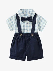 夏季庫存批發男童韓版格紋短袖襯衫背帶短褲套裝紳士正裝 - 藍白色 - 查看 1