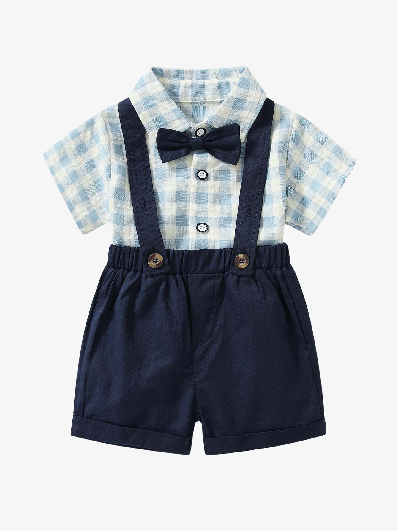 夏季庫存批發男童韓版格紋短袖襯衫背帶短褲套裝紳士正裝 - 藍白色 - 查看 1