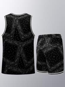 Men Letter & Paisley Scarf Print Drawstring Waist Sports Set, Athletic Suit, Tracksuit - Black - View 2