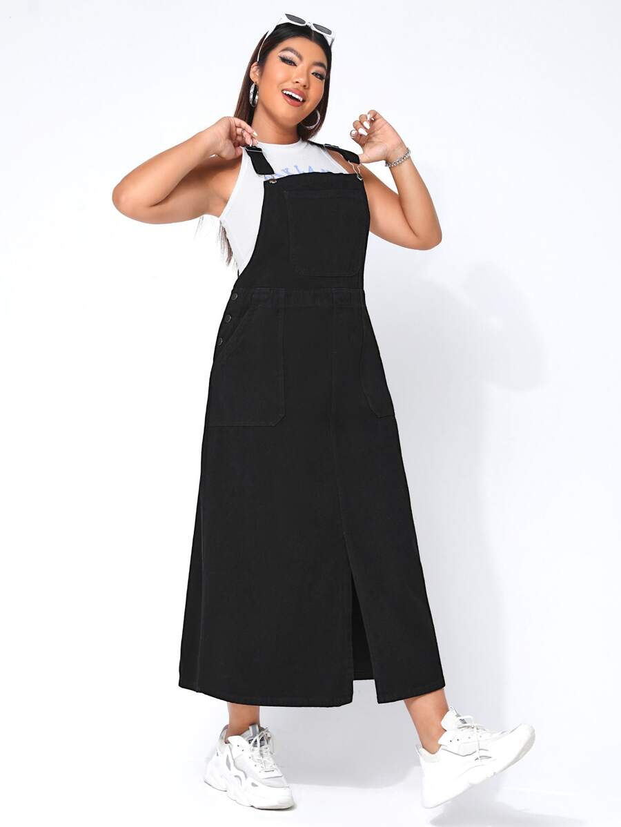 SHEIN EZwear Plus Split Hem Denim Pinafore Dress Without Tee - Black - View 1
