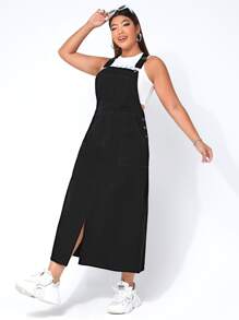 SHEIN EZwear Plus Split Hem Denim Pinafore Dress Without Tee - Black - View 3