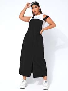 SHEIN EZwear Plus Split Hem Denim Pinafore Dress Without Tee - Black - View 4