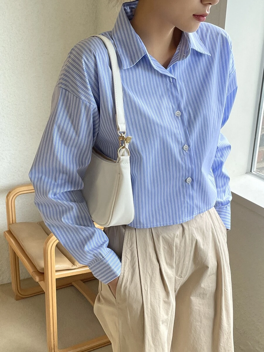 DAZY Striped Print Drop Shoulder Shirt - Blue - View 1