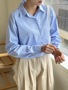 DAZY Striped Print Drop Shoulder Shirt - Blue - View 5