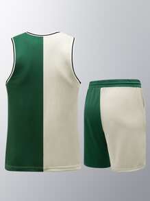 Men Basketball & Letter Graphic Two Tone Sports Set, Athletic Suit, Tracksuit - Multicolor - View 2