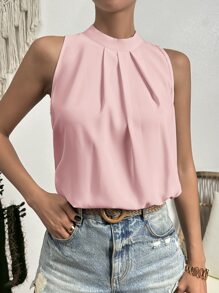 SHEIN Clasi 素色後鎖孔無袖襯衫 - 粉色 - 查看 5