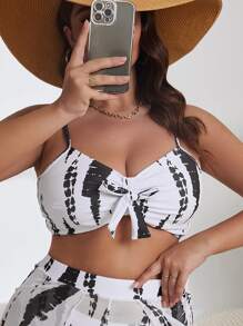 SHEIN Swim Curve Plus Tie Dye Knot Front Cami Bikini Top - Black and White - View 1