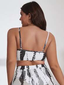 SHEIN Swim Curve Plus Tie Dye Knot Front Cami Bikini Top - Black and White - View 2