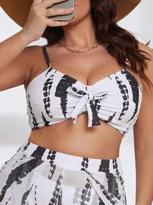 SHEIN Swim Curve Plus Tie Dye Knot Front Cami Bikini Top - Black and White - View 3