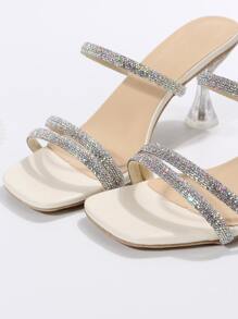 Women's Fashion Rhinestone Strap Crystal Heel Red Sandals For Summer - Silver - View 5