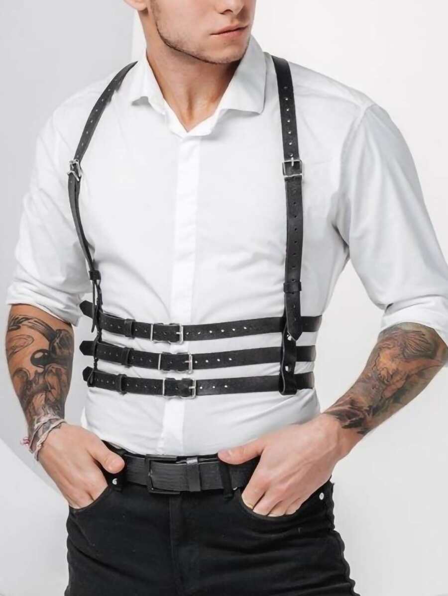 1pc Men Studded Decor Square Buckle Fashion Harness Belt - Black - View 1