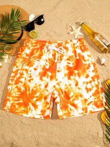 Manfinity Hombres Shorts de natación de tie dye de cintura con cordón - Naranja - Ver 1