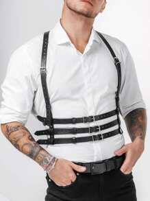 1pc Men Studded Decor Square Buckle Fashion Harness Belt - Black - View 3