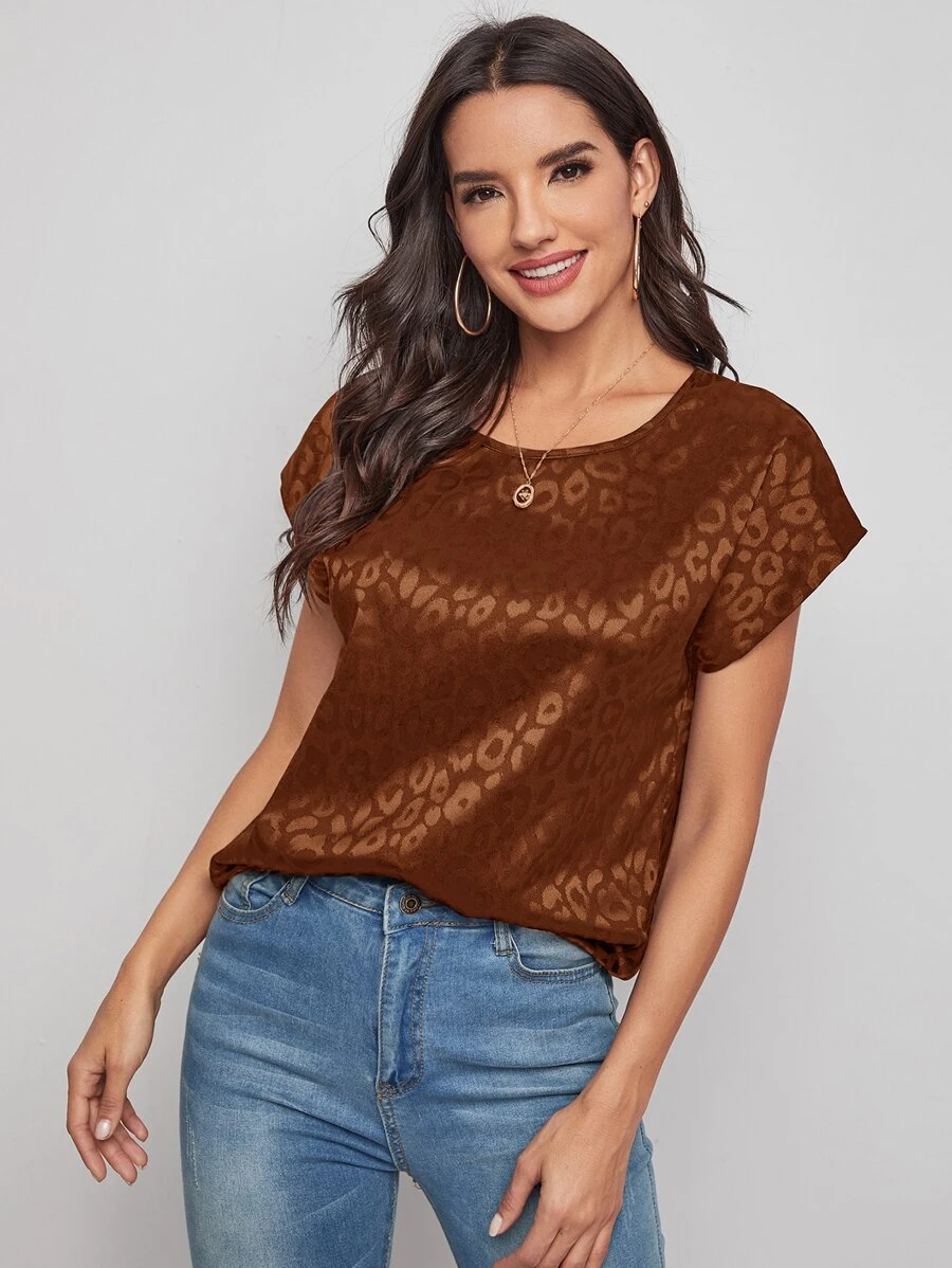 SHEIN Clasi Batwing Sleeve Leopard Jacquard Top - Rust Brown - View 1