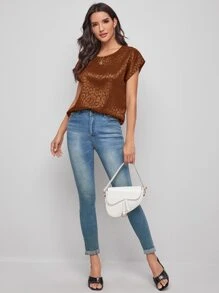 SHEIN Clasi Batwing Sleeve Leopard Jacquard Top - Rust Brown - View 3
