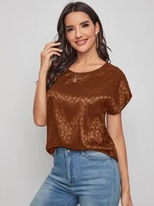 SHEIN Clasi Batwing Sleeve Leopard Jacquard Top - Rust Brown - View 4