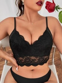 Hơn Ren hoa Áo ngực thường dài Đồ lót - màu đen - Xem 1