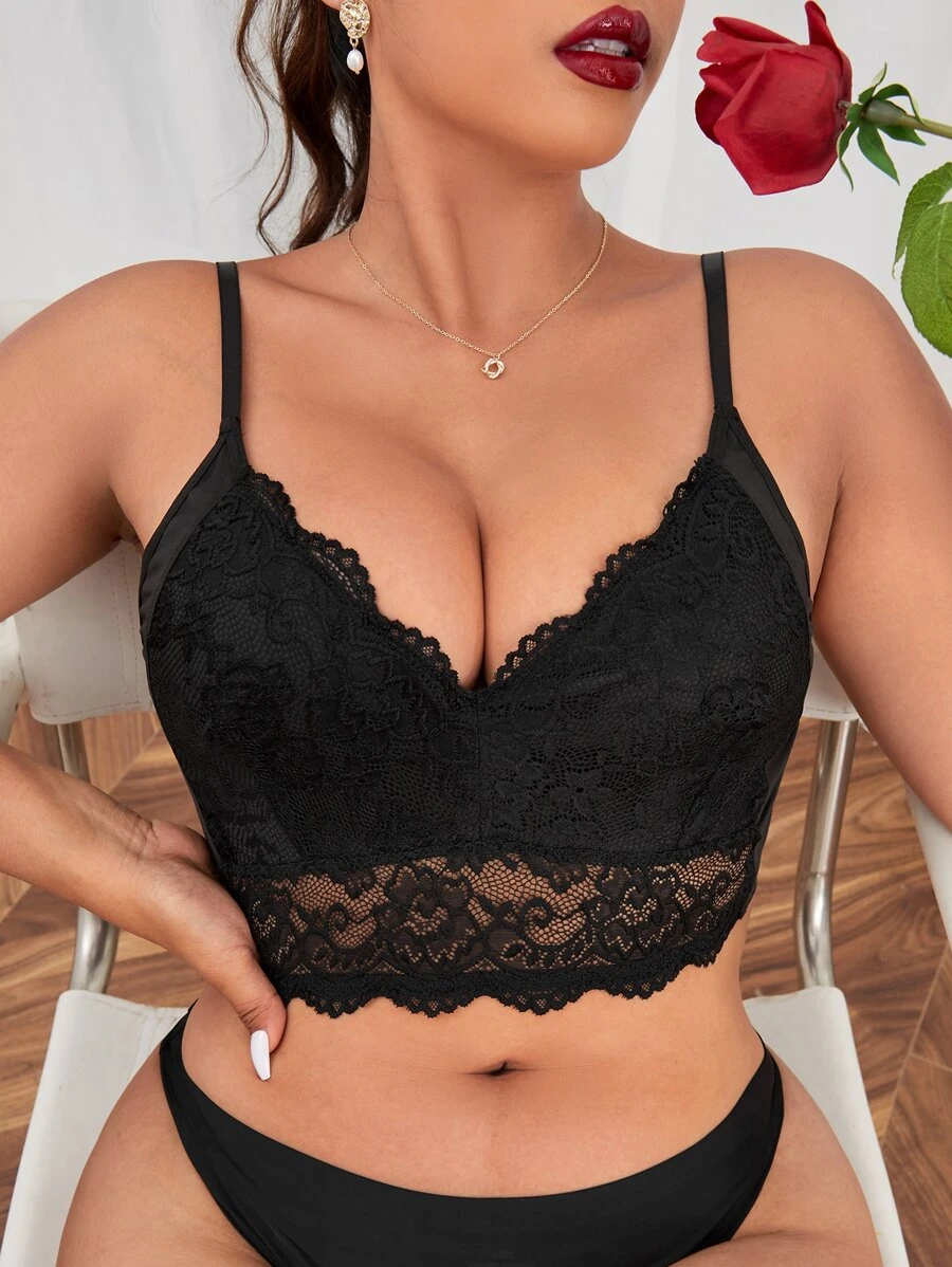 Hơn Ren hoa Áo ngực thường dài Đồ lót - màu đen - Xem 1