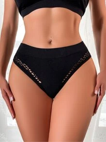 Women's Black Knitted Fabric Fishnet Briefs With Contrast Sheer Detail
