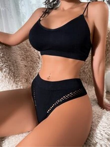 Women's Black Knitted Fabric Fishnet Briefs With Contrast Sheer Detail