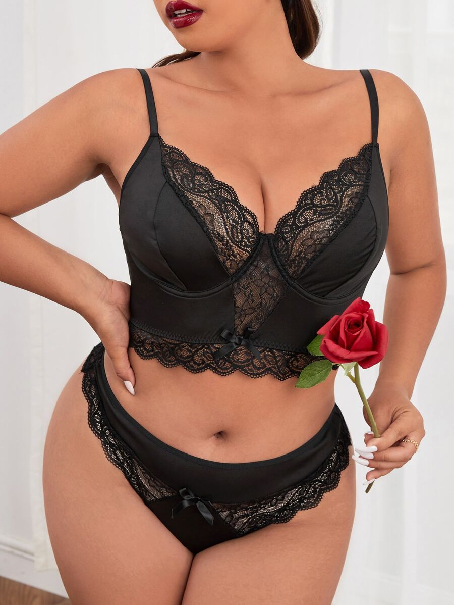 Plus Contrast Lace Underwire Lingerie Set - Black - View 1