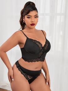 Plus Contrast Lace Underwire Lingerie Set - Black - View 3