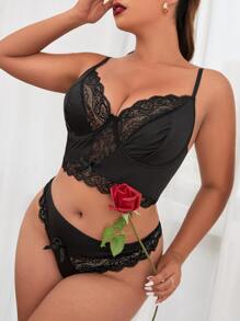 Plus Contrast Lace Underwire Lingerie Set - Black - View 5