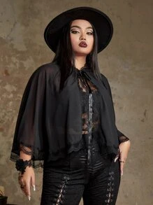 ROMWE Goth Plus Lace Trim Hooded Cape Coat - Black - View 3
